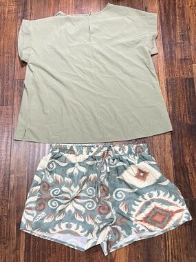Sage Green Top with Patterned Ikat Shorts Set